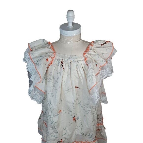 Fox & Heron Dress Bird Print Lace Trim Bow Girls 6 A Line Short Sleeves Comfort - Picture 6 of 14